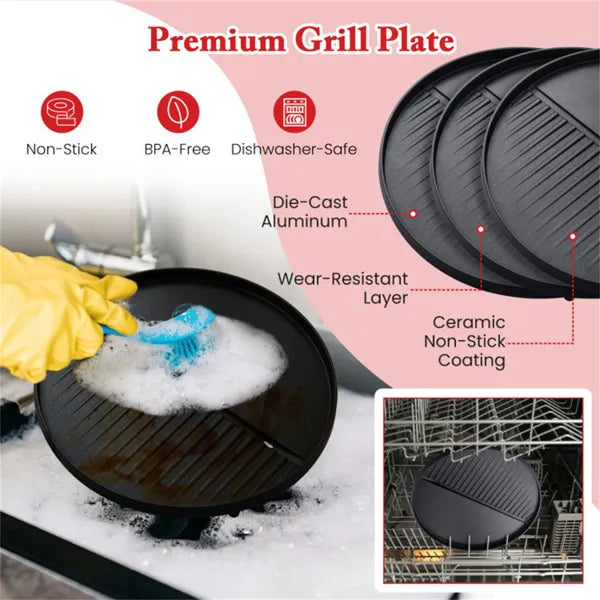 Red 1200W Electric BBQ Grill With Double-Zone Cooking, 2-in-1 Freestanding & Countertop Grill For 6-10 People