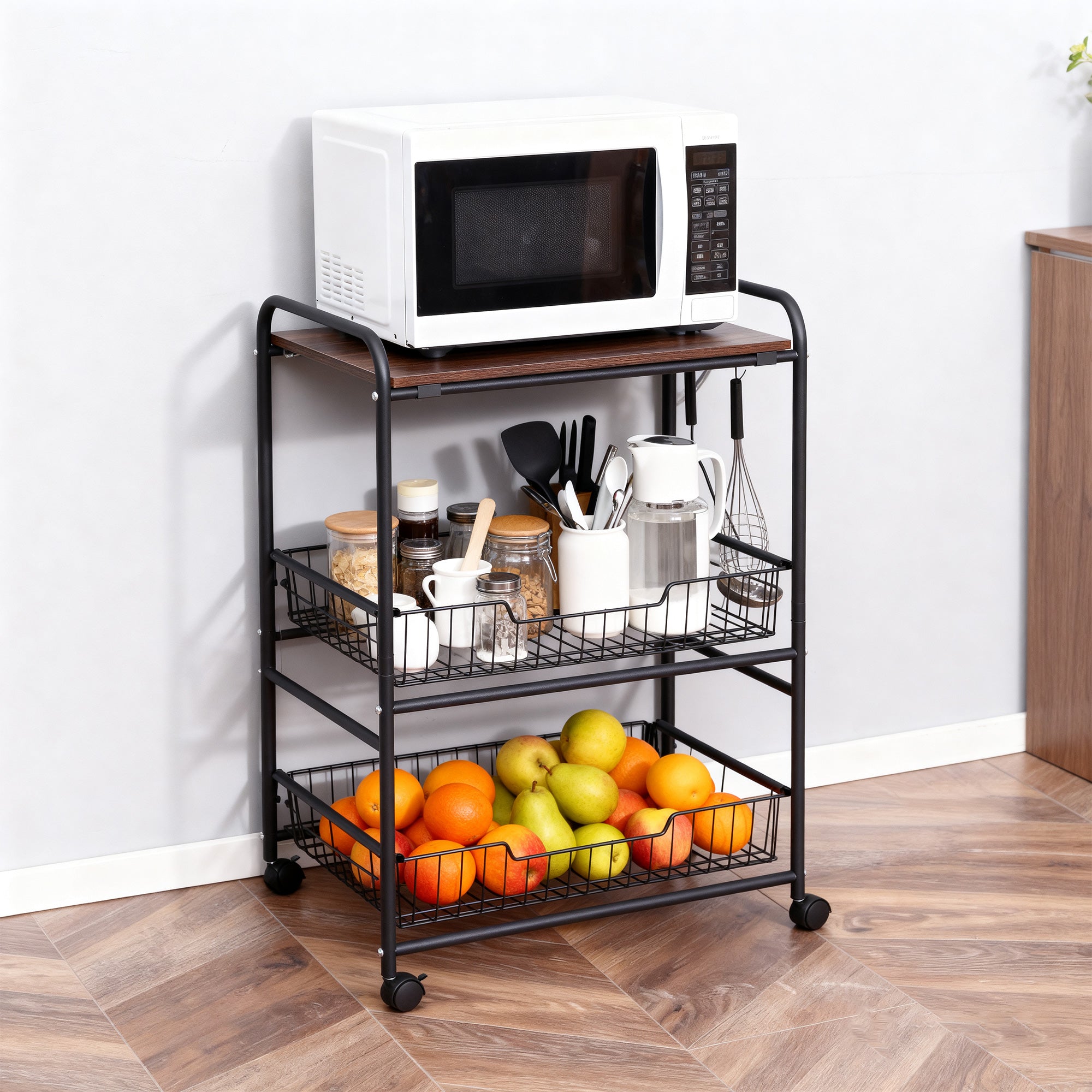 3 Tier Rolling Kitchen Cart with Storage, Kitchen Island Cart on Wheels with 2 Sliding Fruit Basket, Microwave Cart with Side Hooks for Dining Room, Walnut