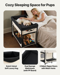 Elevated Lounge Pet Bed, Foldable Bunk Dog Bed With 600D Oxford Cloth And Dutch Velvet, Portable Raised Cot With Wheels, Side Storage Bags, And Carry Bag For Cats & Dogs, XL, Beige