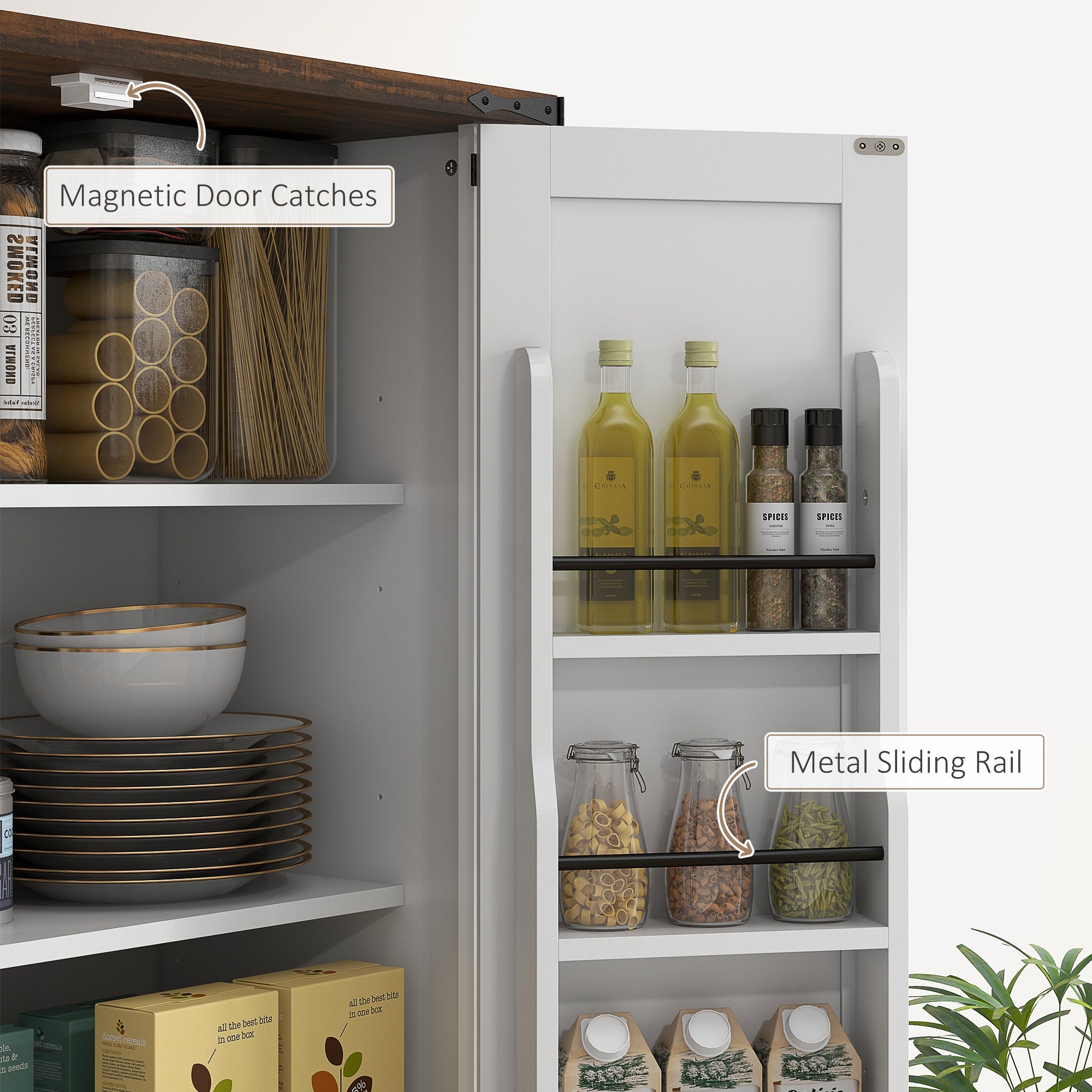 71" Tall Kitchen Cabinet, Farmhouse Pantry Cabinet w/ Barn Doors, 6 Shelves w/ 2 Doors, Drawer and Adjustable Shelves, White