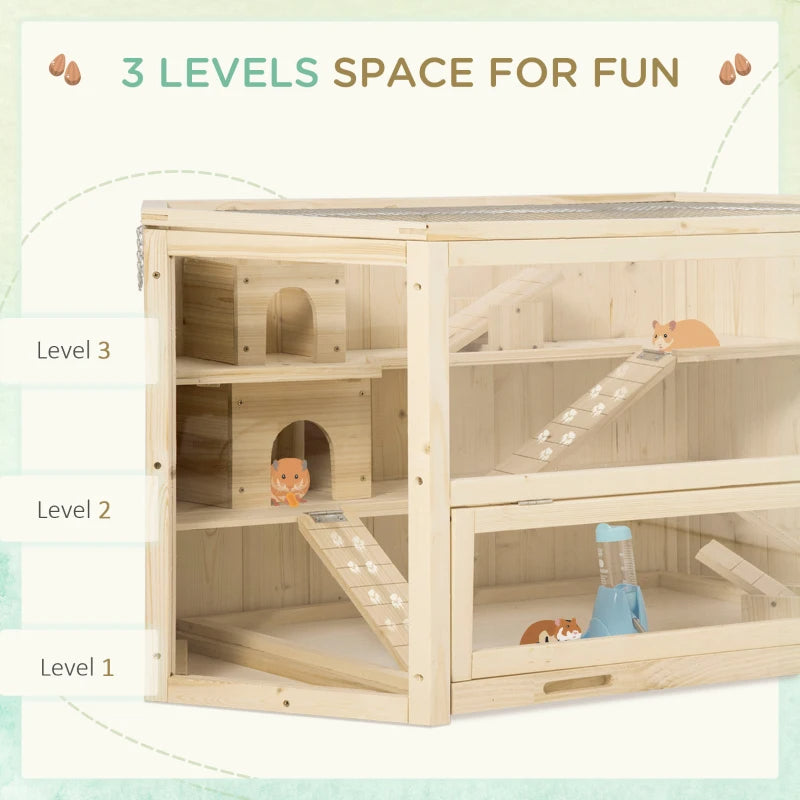Wooden Large Hamster Cage Small Animal Exercise Play House 3 Tier With Tray, Seesaws, Water Bottle, Activity Center, Natural