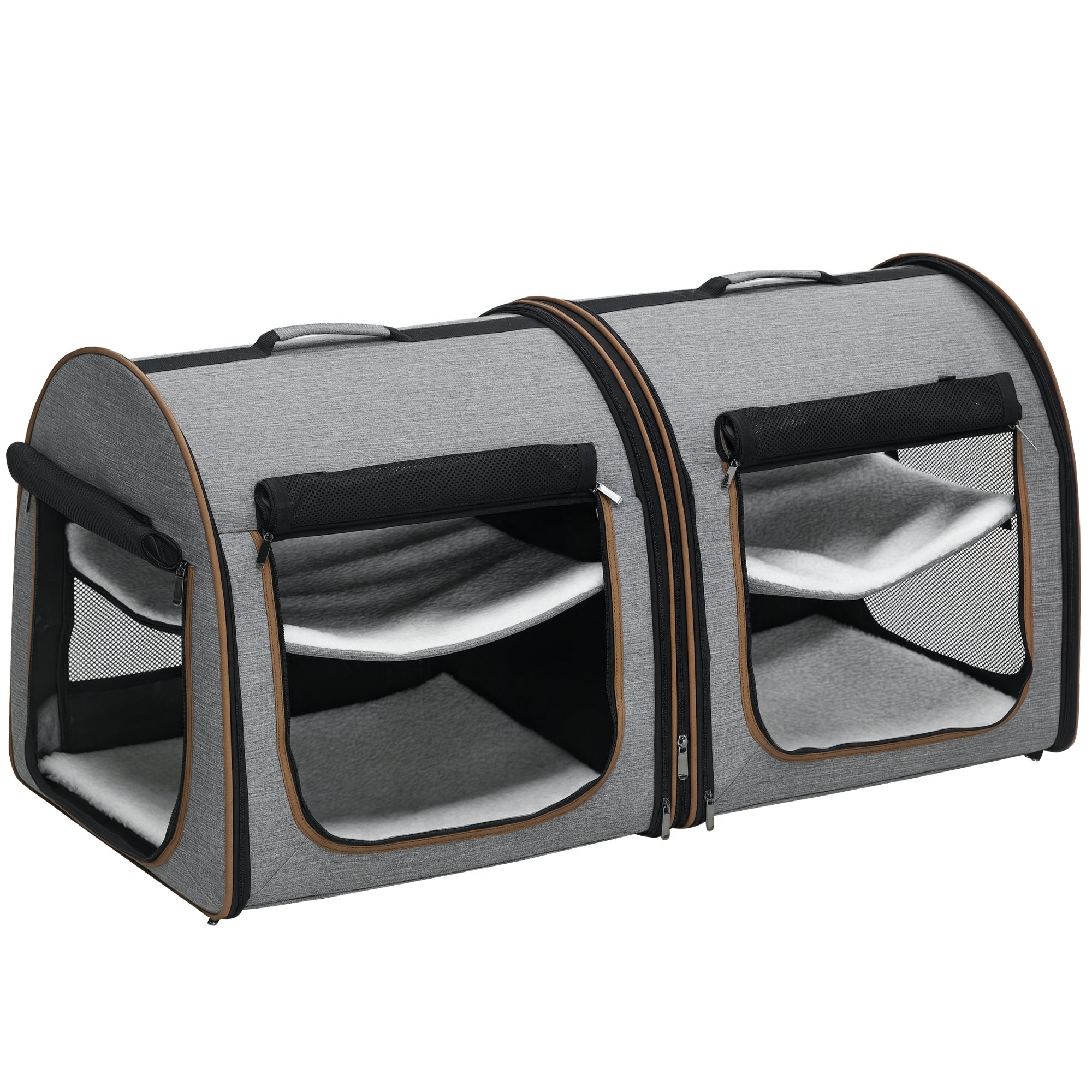 39" Portable Soft-Sided Cat Carrier, Cat Kennel, Travel Dog Crate with Divider, Two Compartments, Soft Cushions & Storage Bag, Easy to Fold, Light Gray