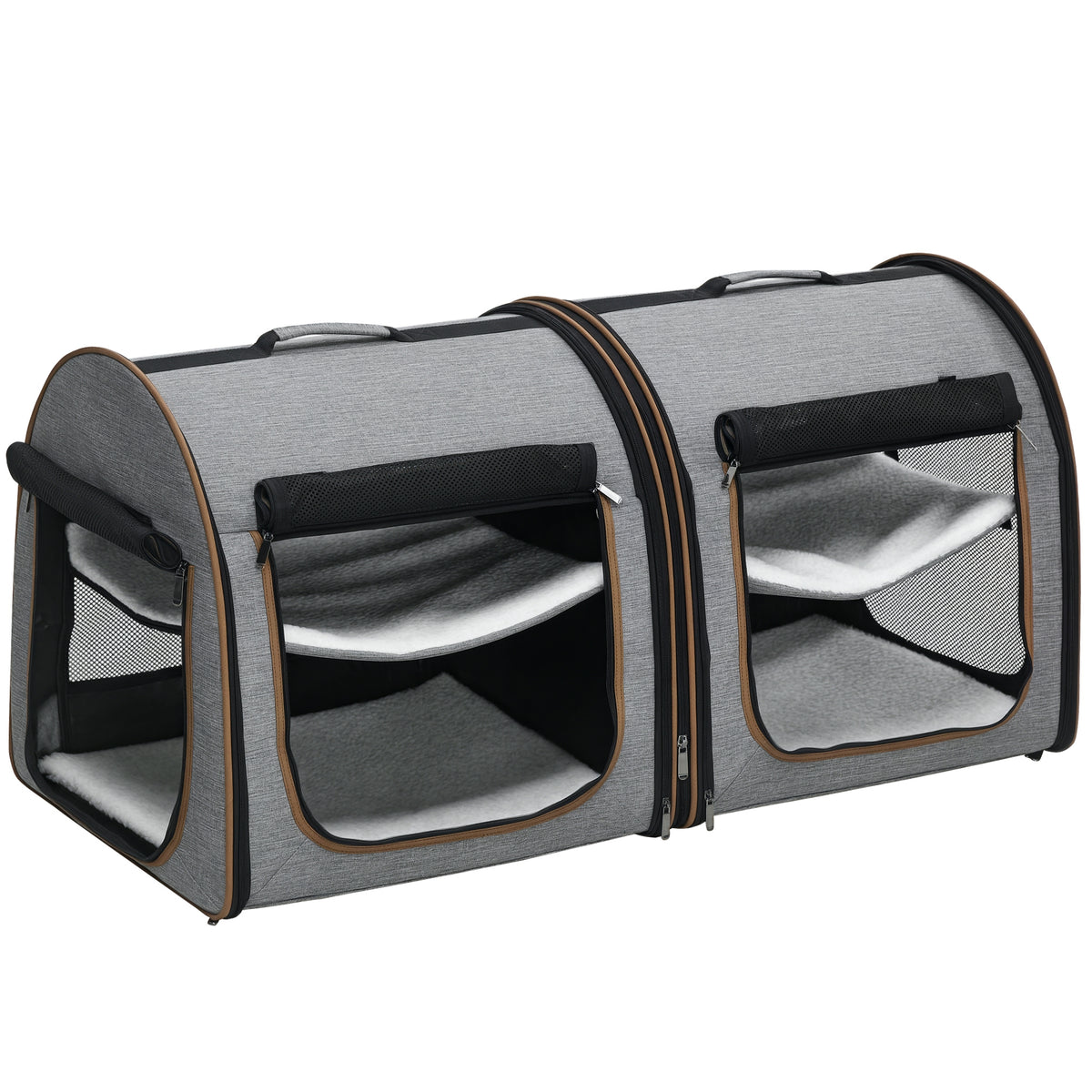39" Portable Soft-Sided Cat Carrier, Cat Kennel, Travel Dog Crate with Divider, Two Compartments, Soft Cushions & Storage Bag, Easy to Fold, Light Gray