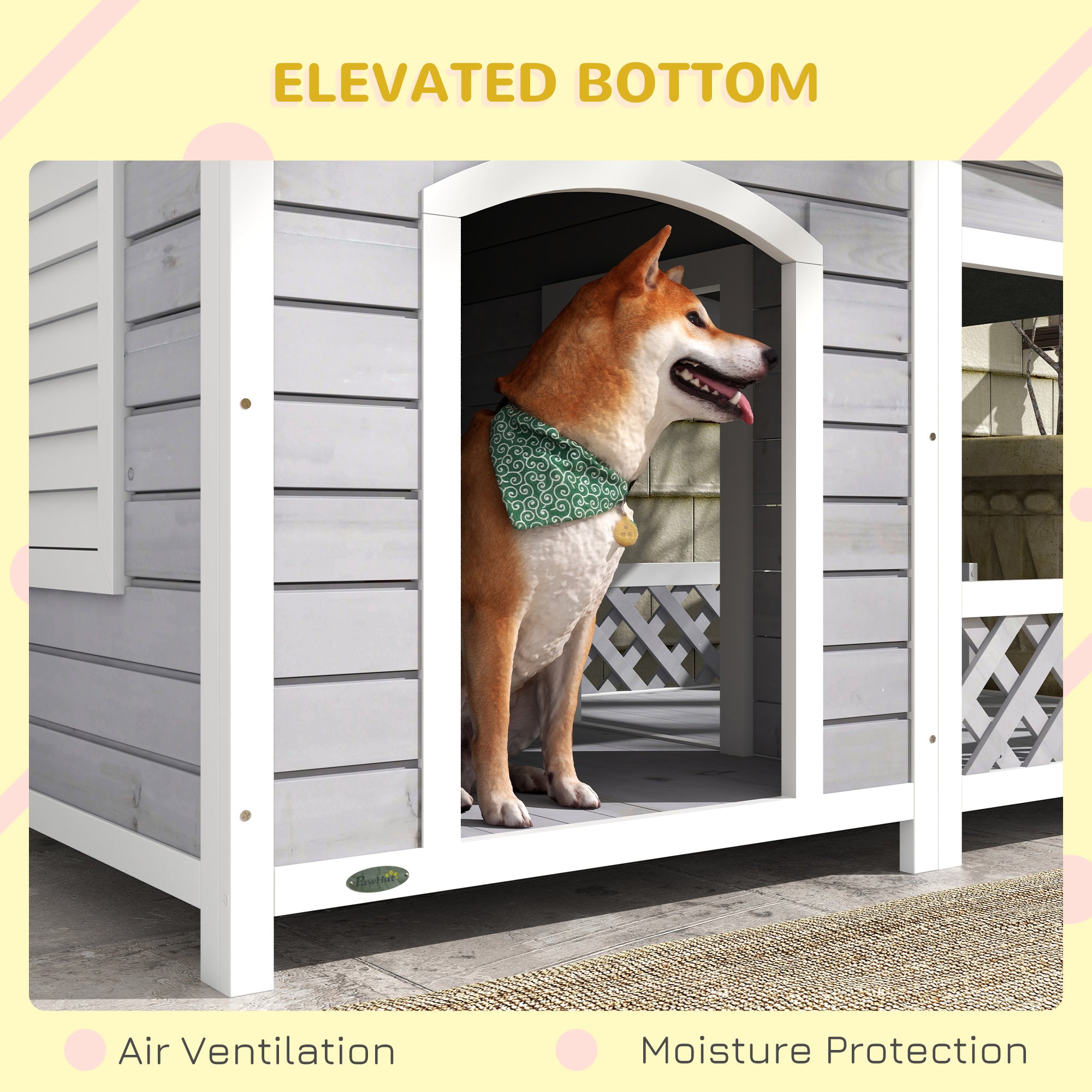 Wooden Dog House Outdoor with Porch, Cabin Style Raised Dog Shelter with Asphalt Roof, Doors, and Shutter Window, for Medium Large Sized Dog, Light Gray