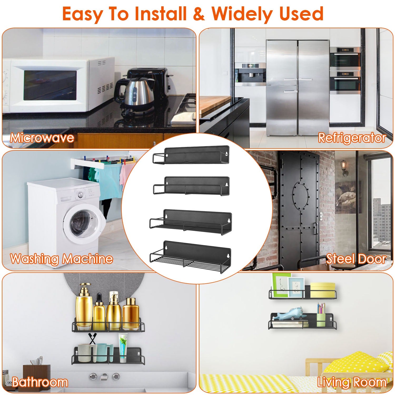 4Pack Strong Magnetic Spice Rack Organizer Fridge Storage Shelf For Jars Seasoning Tins Utensils Space Saver Holder For Refrigerator Microwave