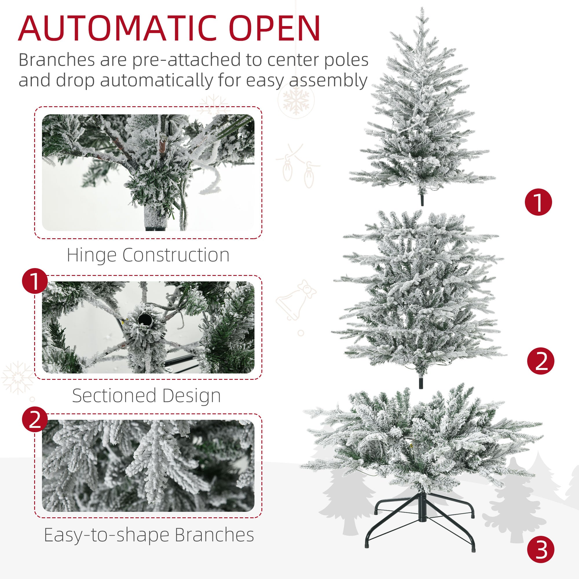 HOMCOM 6ft Tall Prelit Artificial Christmas Tree Holiday Decor With 636 Snow Flocked Branches, 250 Warm Yellow Clear Lights, Auto Open, Extra Bulb