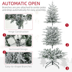 HOMCOM 6ft Tall Prelit Artificial Christmas Tree Holiday Decor With 636 Snow Flocked Branches, 250 Warm Yellow Clear Lights, Auto Open, Extra Bulb