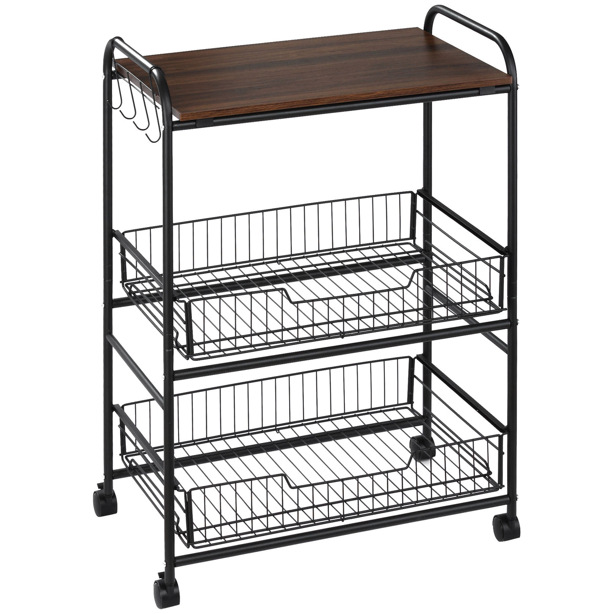 3 Tier Rolling Kitchen Cart with Storage, Kitchen Island Cart on Wheels with 2 Sliding Fruit Basket, Microwave Cart with Side Hooks for Dining Room, Walnut