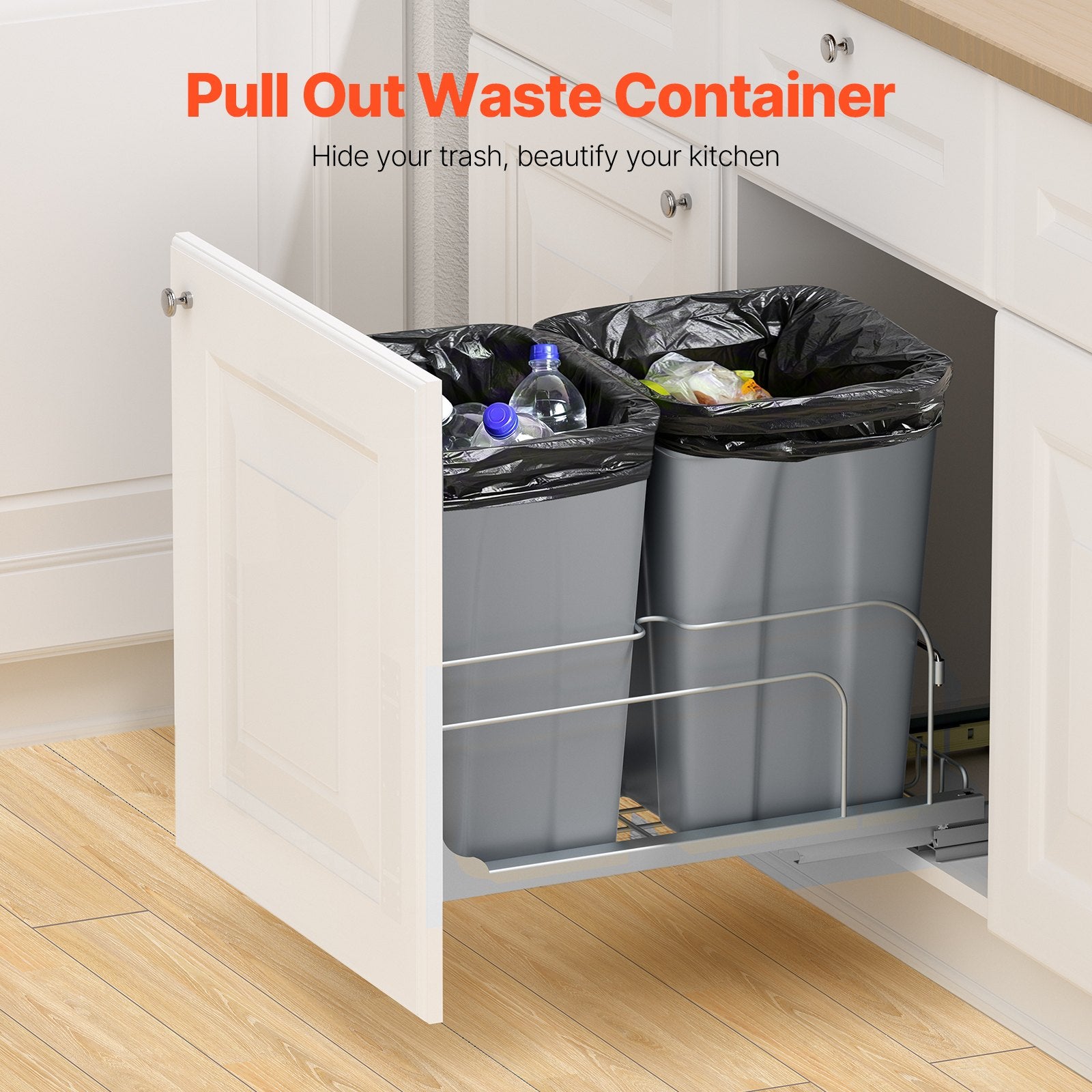 Double Pullout Waste Container Kitchen Trash Can With Soft Close Grey 27QTx2