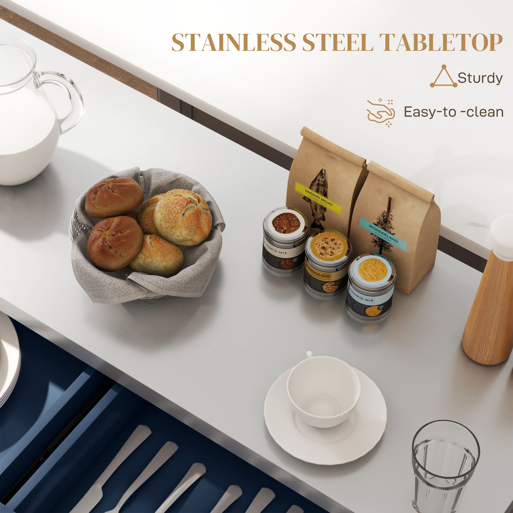 Rolling Kitchen Island with Stainless Steel Top, 2 Drawers, Spice, Knife and Towel Rack and Cabinets, Navy Blue