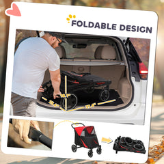 Dog Stroller for Large Medium Small Dogs up to 66 Lbs. 23.5" in Body Length, One-Click Foldable Pet Cat Stroller with Storage, Shock Absorption Wheels, Mesh Window, Safety Leash, Red