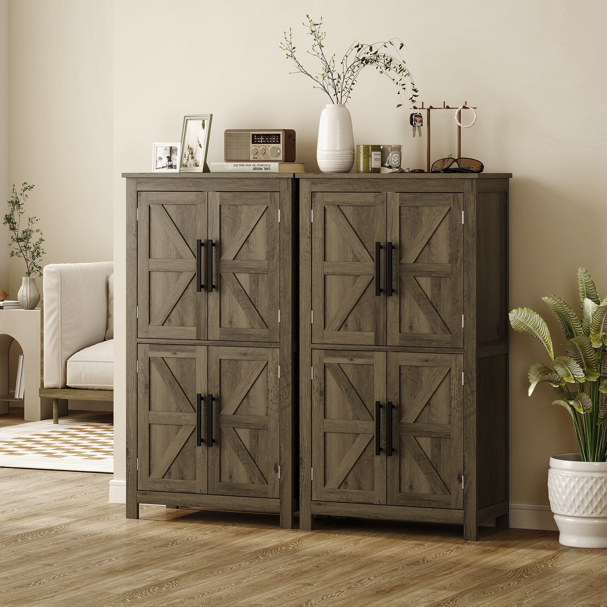 Bathroom Floor Storage Cabinet, Farmhouse Bathroom Cabinet with 4 Doors and Adjustable Shelf, Brown