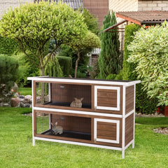 PawHut Wooden Rabbit Hutch Dividers Asphalt Roof For Small Animals & Outdoors, Brown