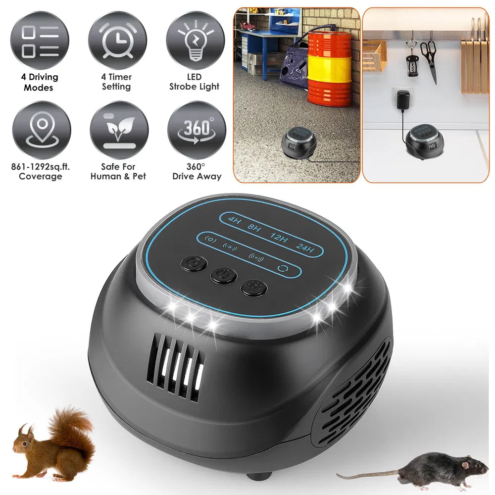 Ultrasonic Rodent Chaser Rat Repellent Pest Driver Mouse Control Squirrel Repeller With 4 Modes 4-65KHz Strobe Light 4 Timer 1292sq.ft. Coverage For Rodent Mouse Rats Squirrels Bats GPCT5491