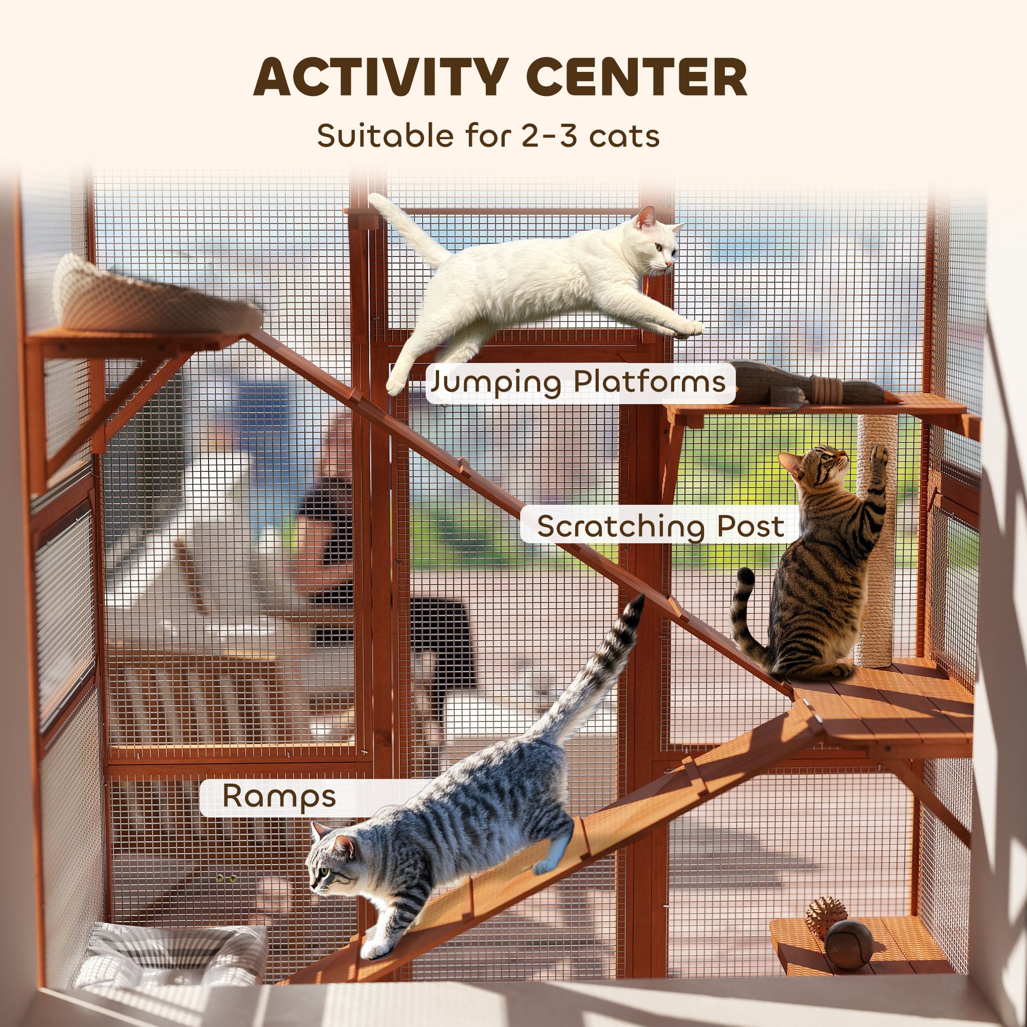 Outdoor Catio Cat Enclosure, Large Wooden Cat House with 6 Jumping Platforms, Scratching Post, 2 Ramps, for 2-3 Kittens