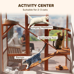 Outdoor Catio Cat Enclosure, Large Wooden Cat House with 6 Jumping Platforms, Scratching Post, 2 Ramps, for 2-3 Kittens