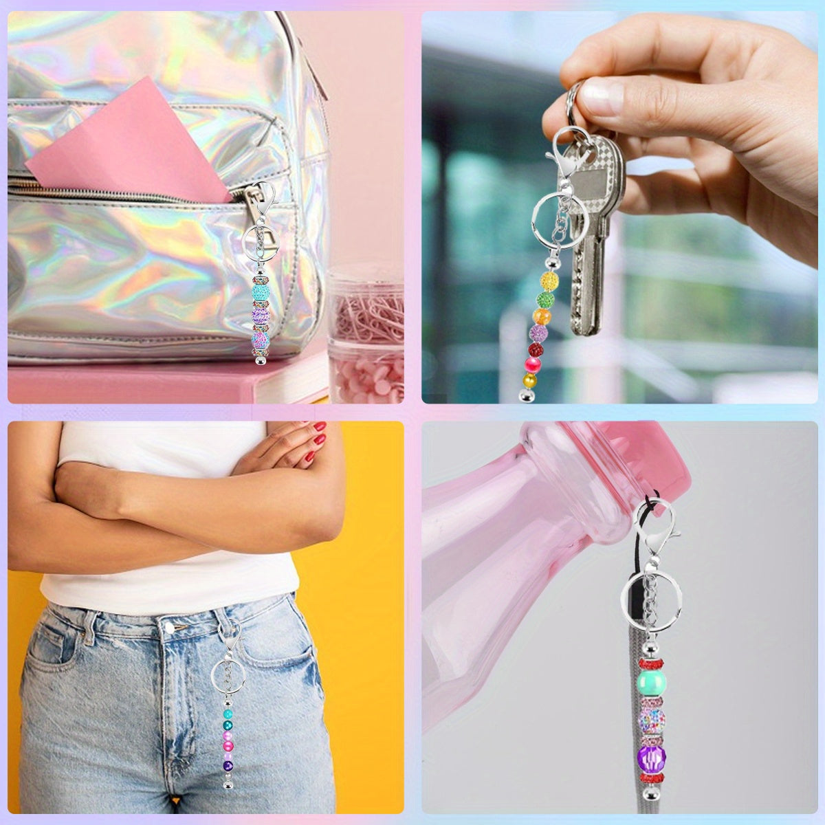60 Pieces Of Bulk Beaded Keychain Blanks, Beaded DIY Blank Keychains, Metal Beaded Keychain Bags And Thank You Card Set, Including 20 Beaded Keychains, 20 Packaging Bags, And 20 Thank You Cards, Suita