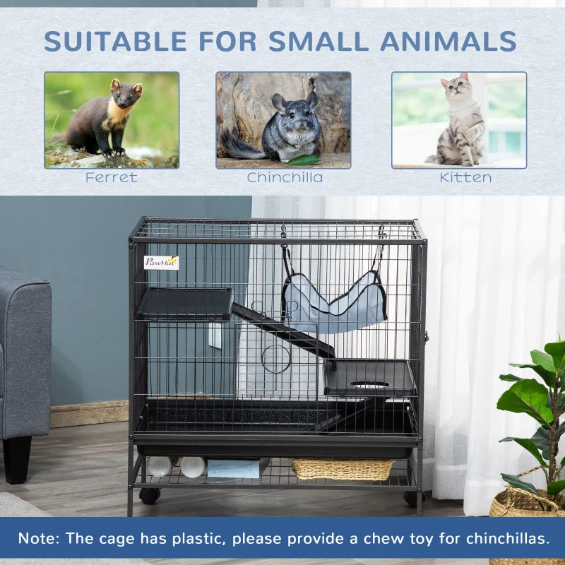 Small Animal Cage With Wheels, Pet Playpen For Rat, Syrian Hamster, Kitten, Ferrets, Chinchillas With Bottom Storage Shelf, Removable Tray, Ramp