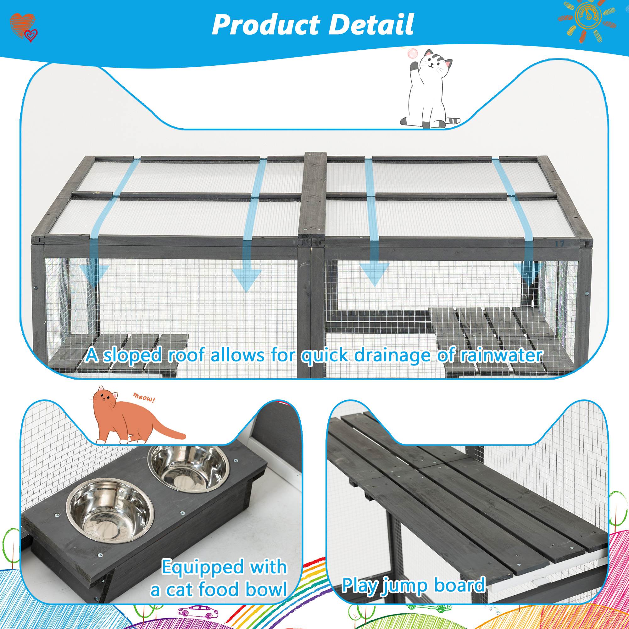 Outdoor Wooden Cat Catio - Large Solid Wood Cat Cage Playpen With 2 Jumping Platforms & 7 Napping Houses, Walk-in Cat Kennel Condo Shelter, Grey