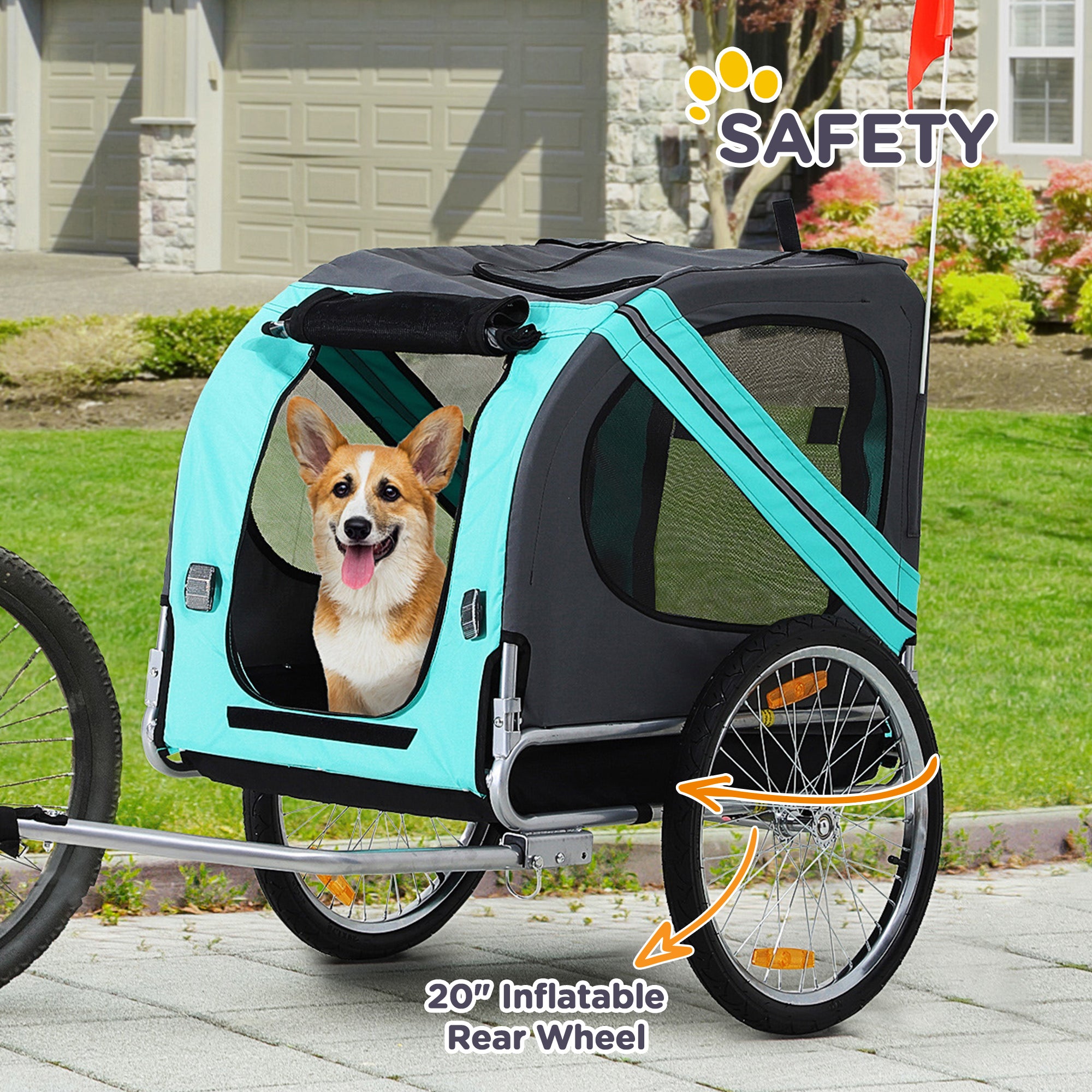 Dog Bike Trailer with 3 Entrances Large Wheels, Green