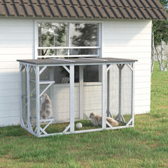 71" x 32" x 44" Large Wooden Outdoor Cat Enclosure Catio Cage With 3 Platforms, Gray