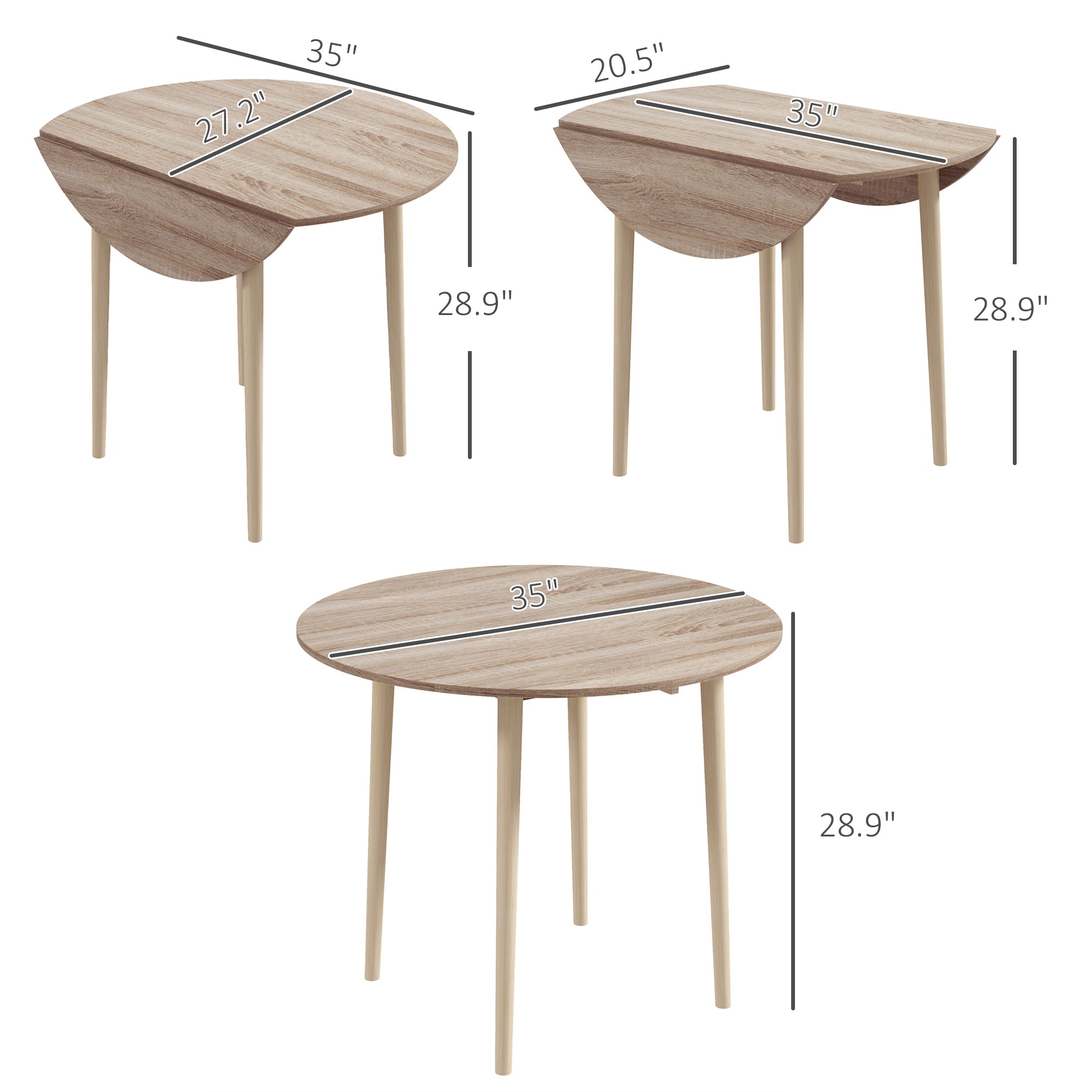 Folding Dining Table, Round Drop Leaf Kitchen Table for Small Spaces with Wood Legs, Oak Color