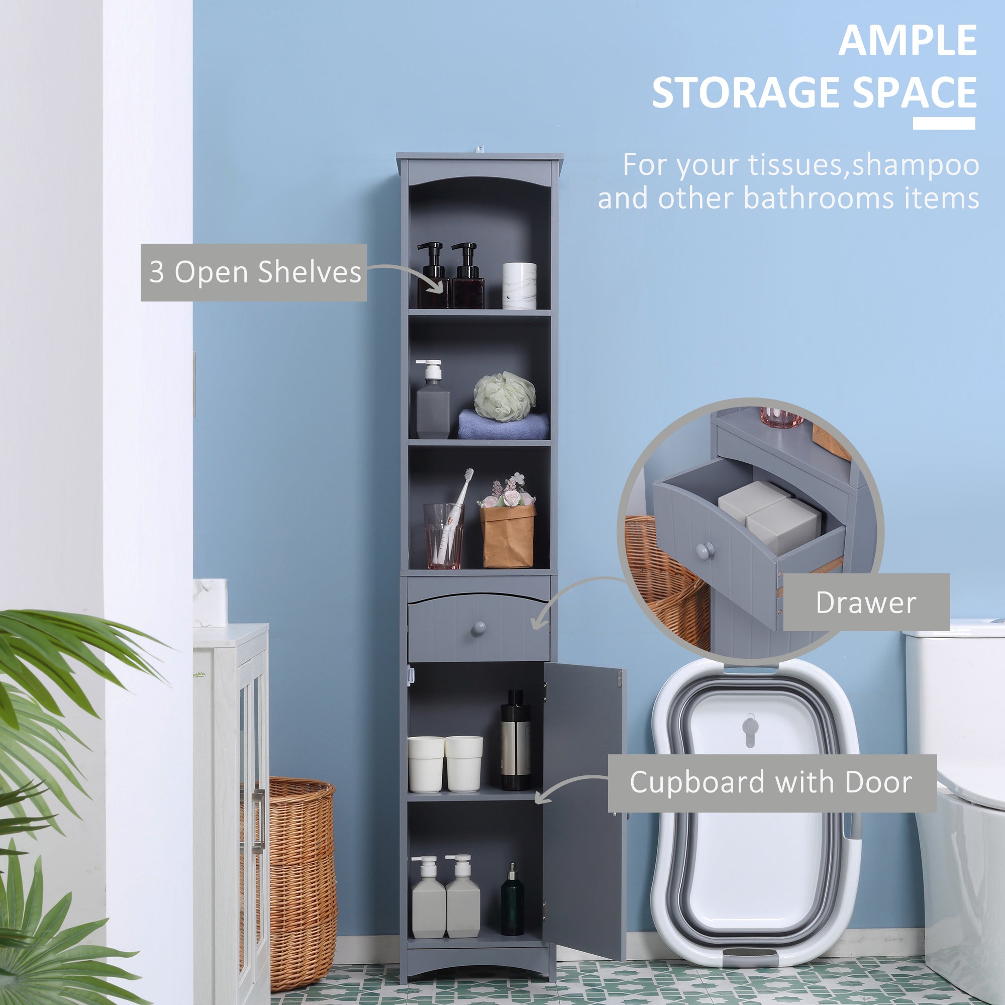 Bathroom Storage Cabinet, Free Standing Bathroom Storage Unit, Tall Linen Tower with 3-Tier Shelves and Drawer, Grey
