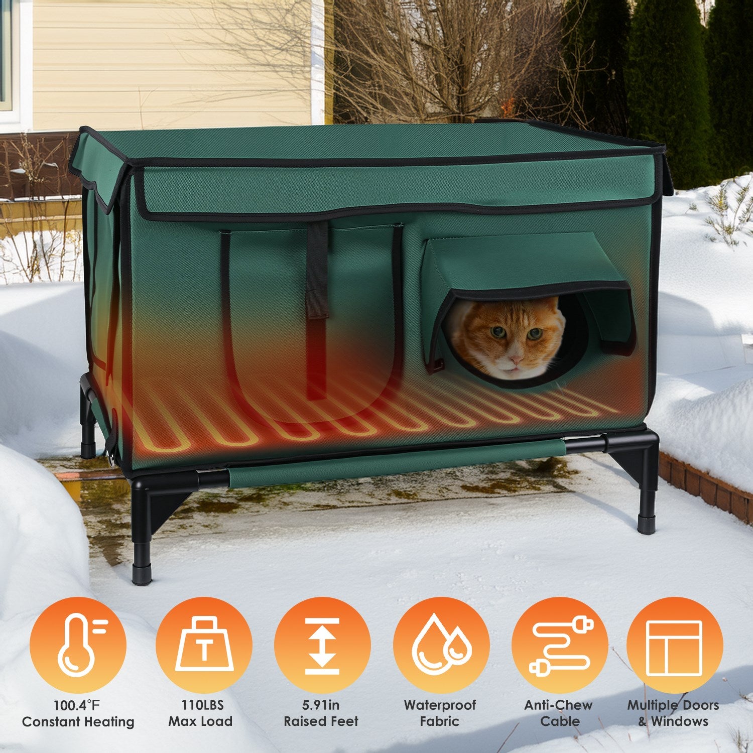 1Pc Waterproof Heated Cat House Outdoor Weatherproof Insulated Kitty Shelter Feral Cat Heating Bed With Heating Pad Anti-Chew Cord 2 Doors 3 Windows For Indoors Outdoors Winter Summer