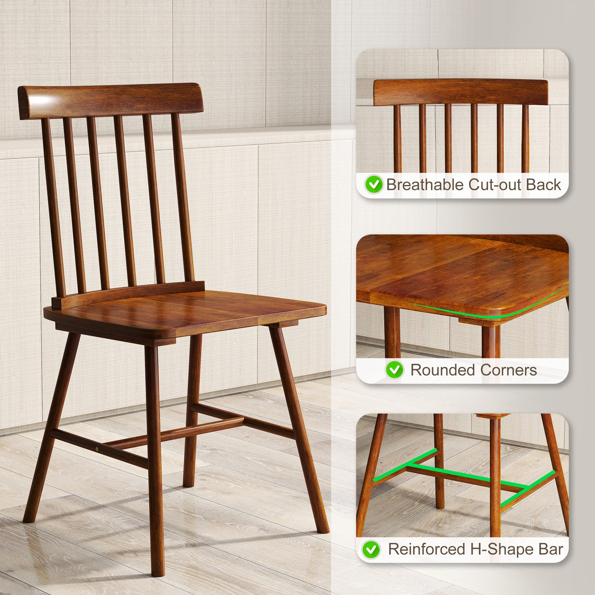 Dining Chairs Set of 4, Farmhouse Wood Kitchen Chairs with Rubber Wood Frame, Spindle Back for Dining Room, Light Brown