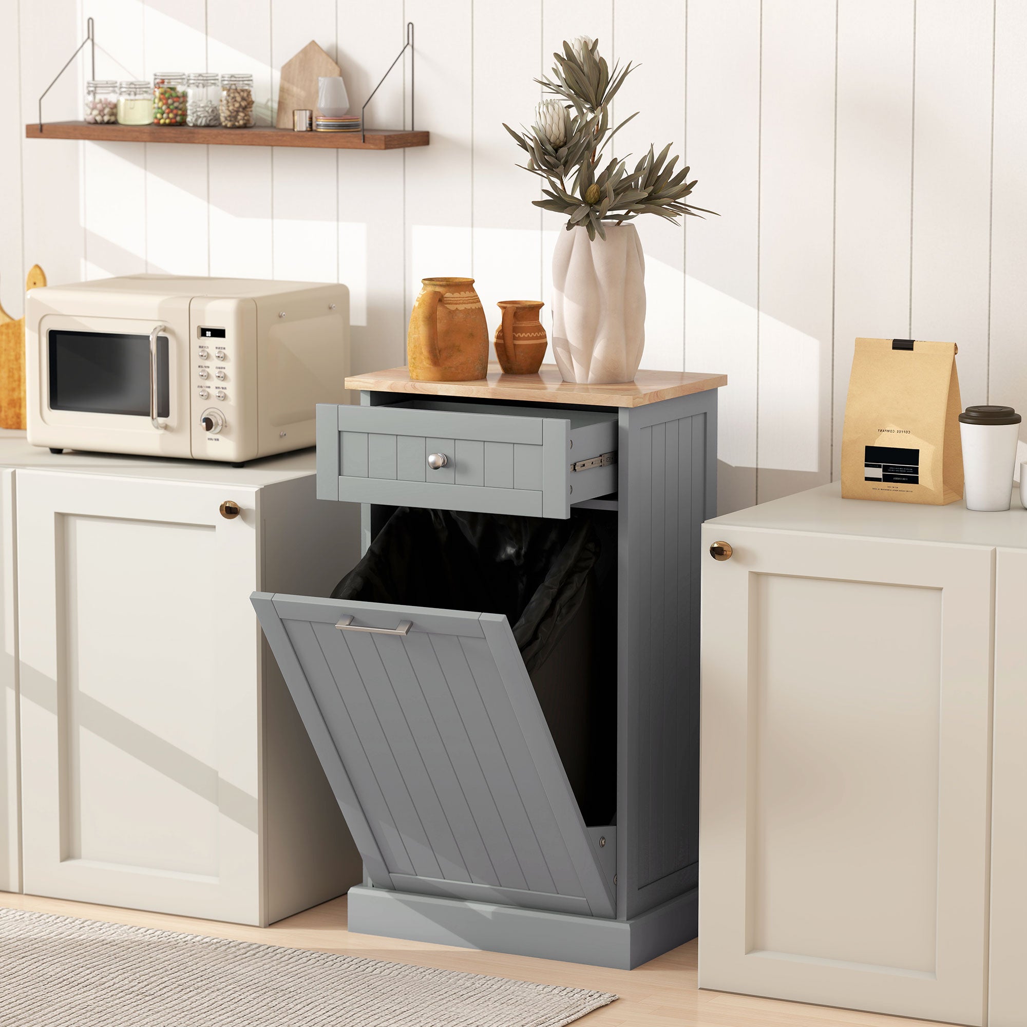 Kitchen Tilt Out Trash Bin Cabinet Free Standing Recycling Cabinet Trash Can Holder With Drawer, Gray