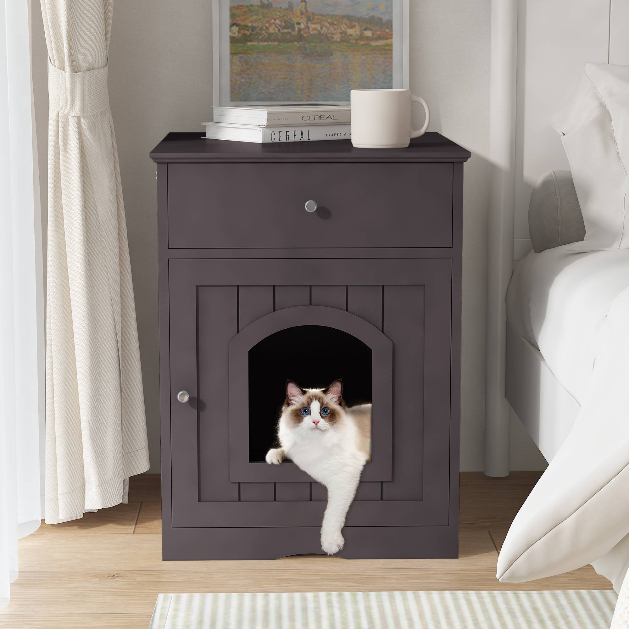 Wooden Pet House Cat Litter Box Enclosure With Drawer, Side Table Indoor Pet Crate