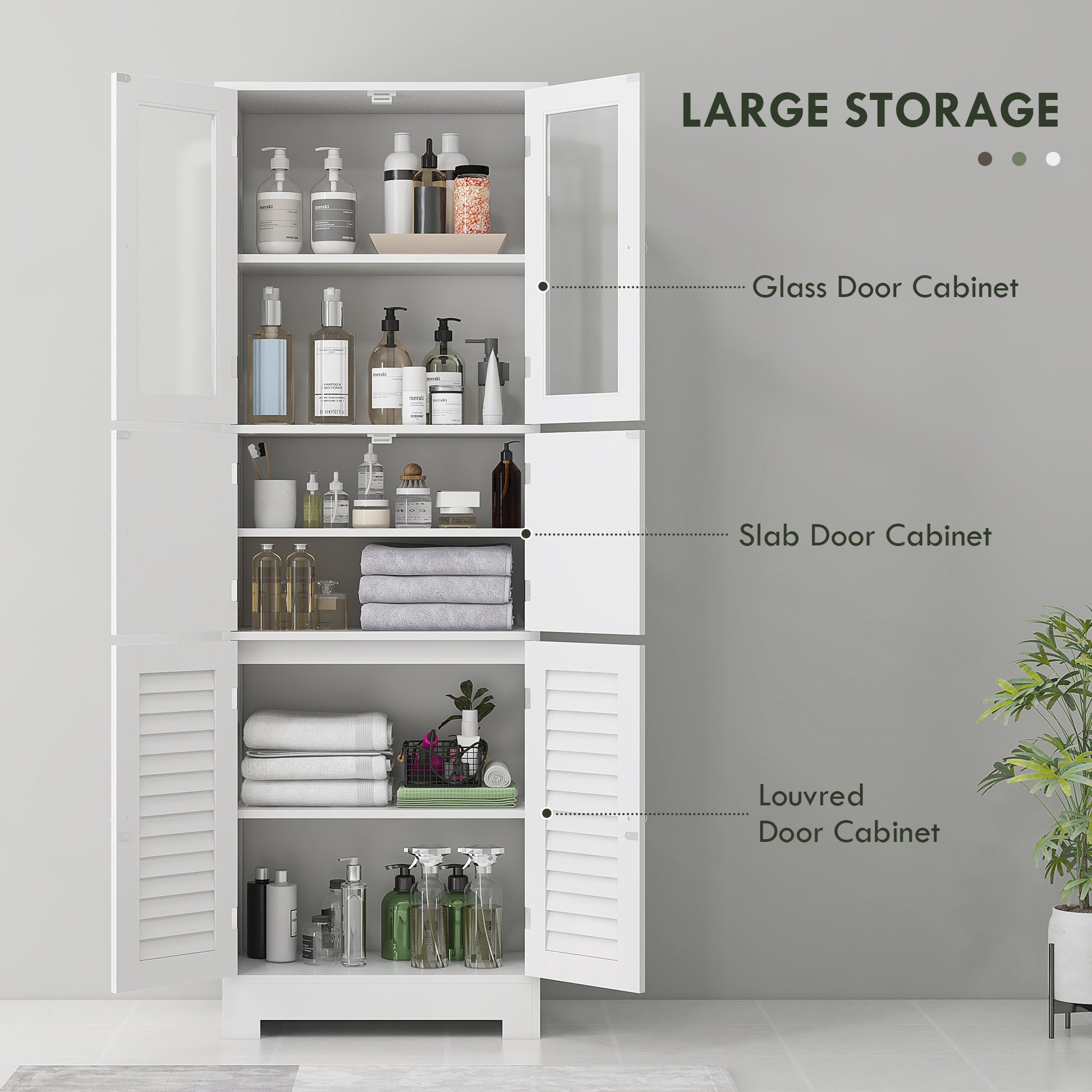 Freestanding Bathroom Cabinet with Glass/Louvred Doors, Tall Bathroom Storage Cabinet with Adjustable Shelf, White