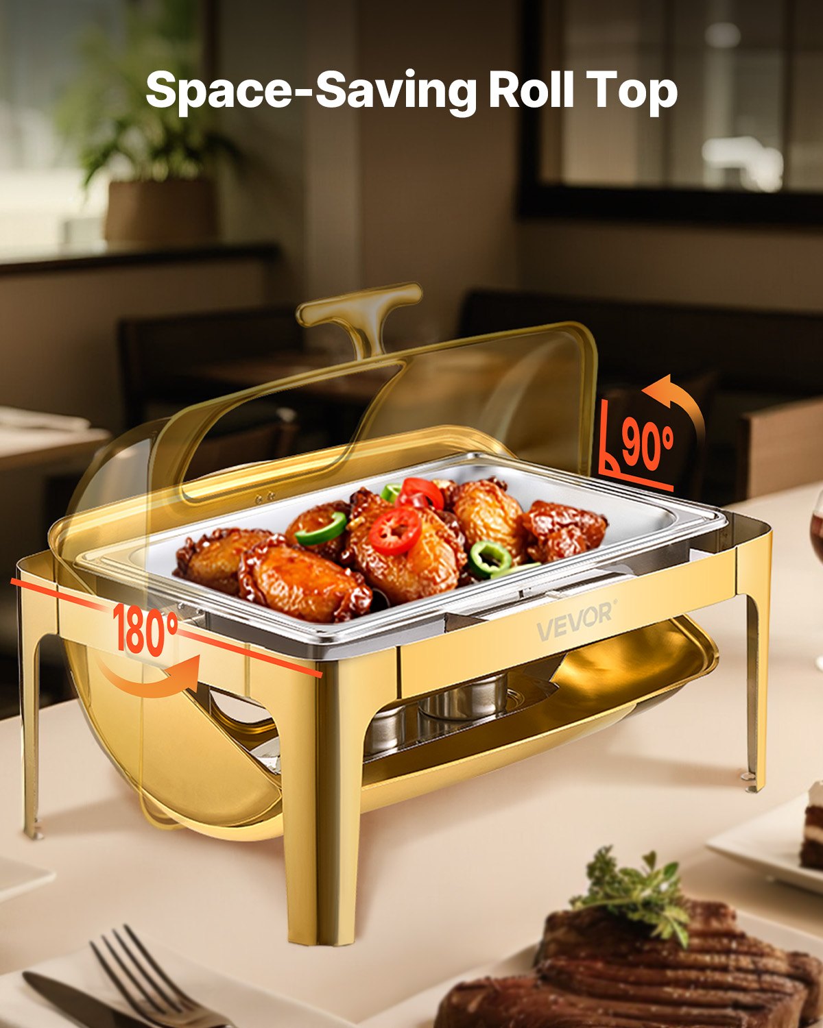 9Qt Rectangle Roll Top Chafing Dish Set With Full-Size Pan Stainless Steel Gold