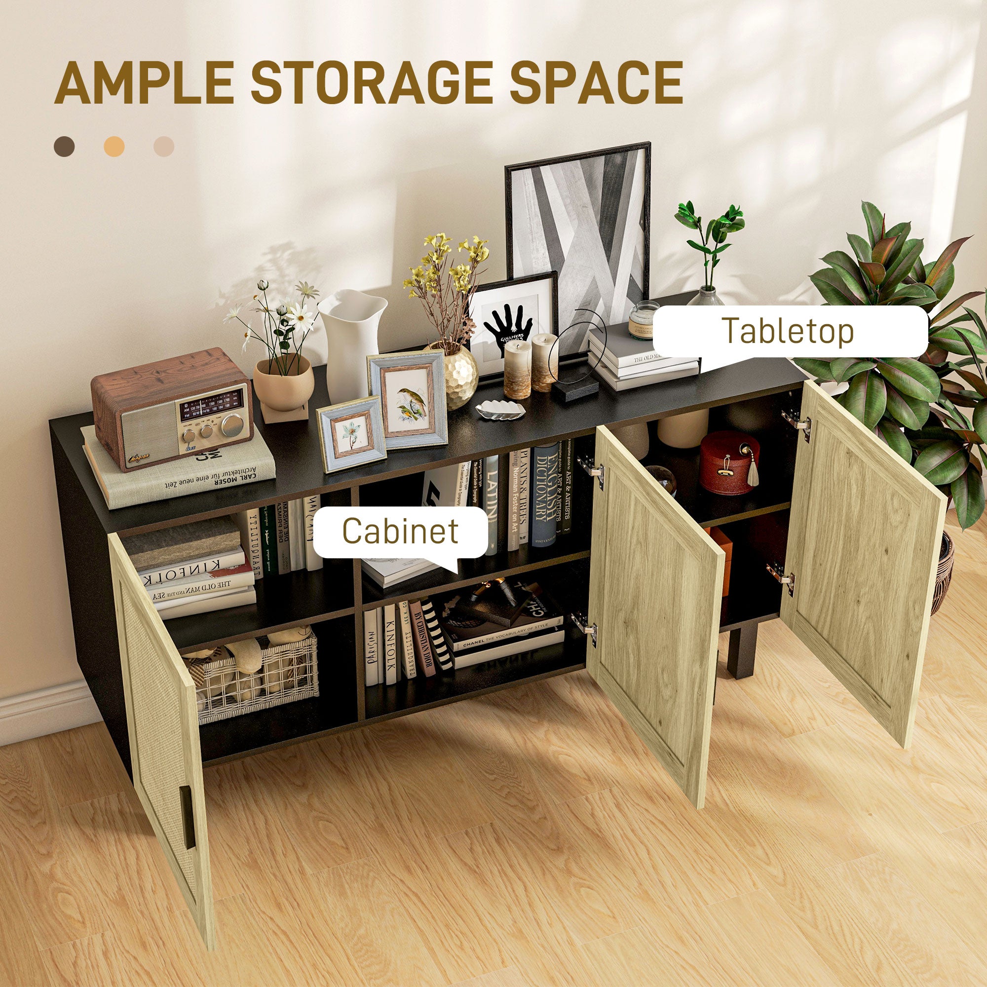 Boho Kitchen Cabinet, Buffet Cabinet with 3 Rattan Doors and Adjustable Shelves for Dining Room, Black and Natural