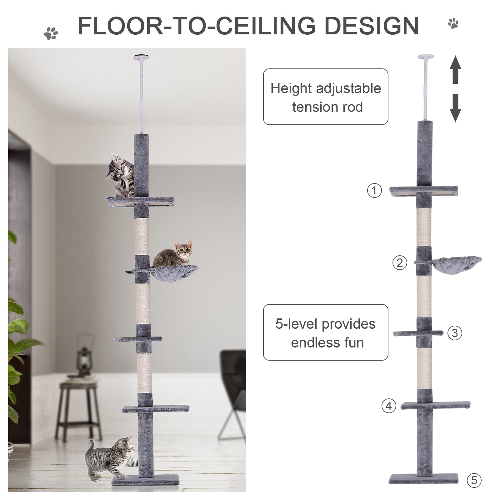 102" Adjustable Height Floor to Ceiling Cat Tree, 5 Level Cat Tower with Scratching Posts, Hammock, Gray