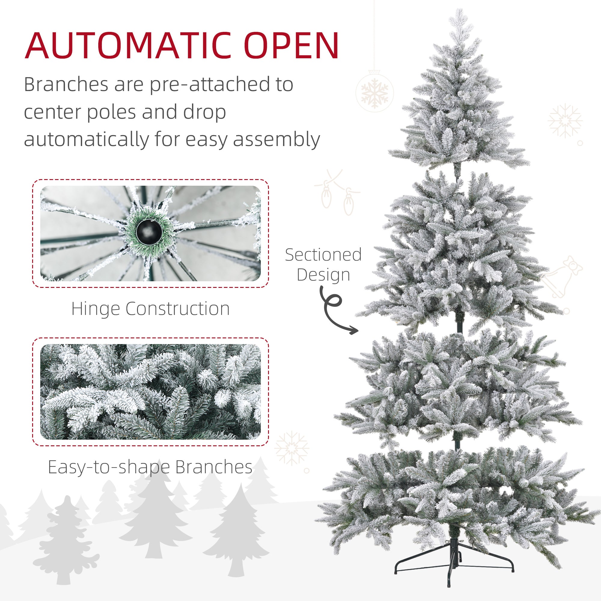 8ft Artificial Flocked Christmas Tree with Snow Tips, Easy Assembly, Hinged Xmas Tree for Home Office Holiday