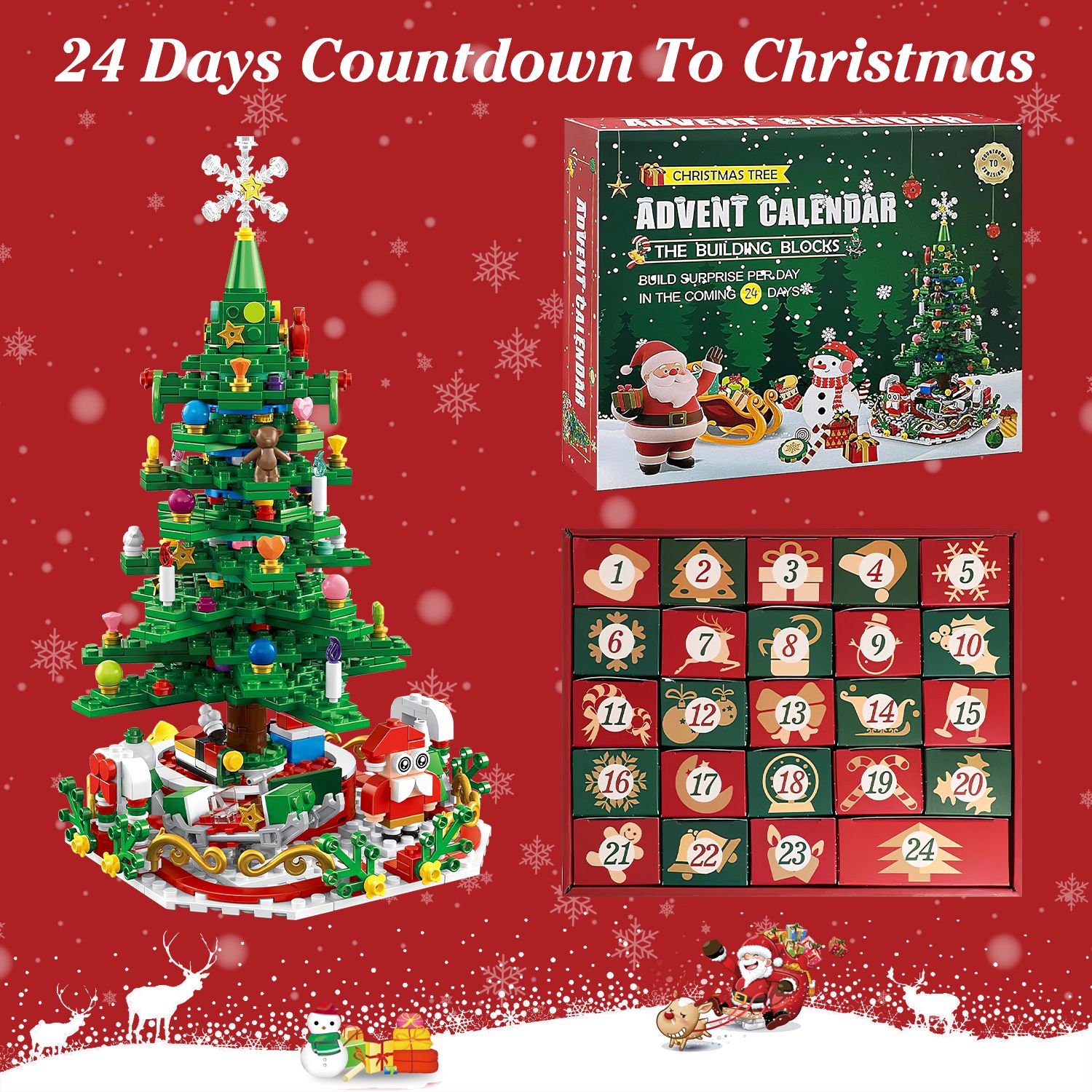Year Christmas Tree Building Set With LED Light Tabletop Christmas Building Block 24 Days Christmas Countdown Calendar For Boys Girls 3-6