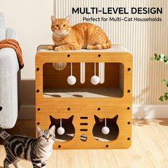 45cm Double Layer Double Cat Head Cat Scratcher Sofa, With 4 Teaser Balls, Wood -Corrugated Scratcher, Cat Claw Care & Resting Toy
