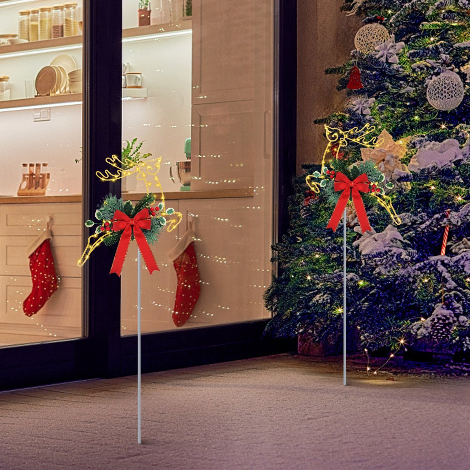 2Pcs Christmas Lighted Reindeer Decoration LED Pathway Stake Lights Battery Powered For Outdoor Garden Lawn Porch Front Door Patio Holiday Decor