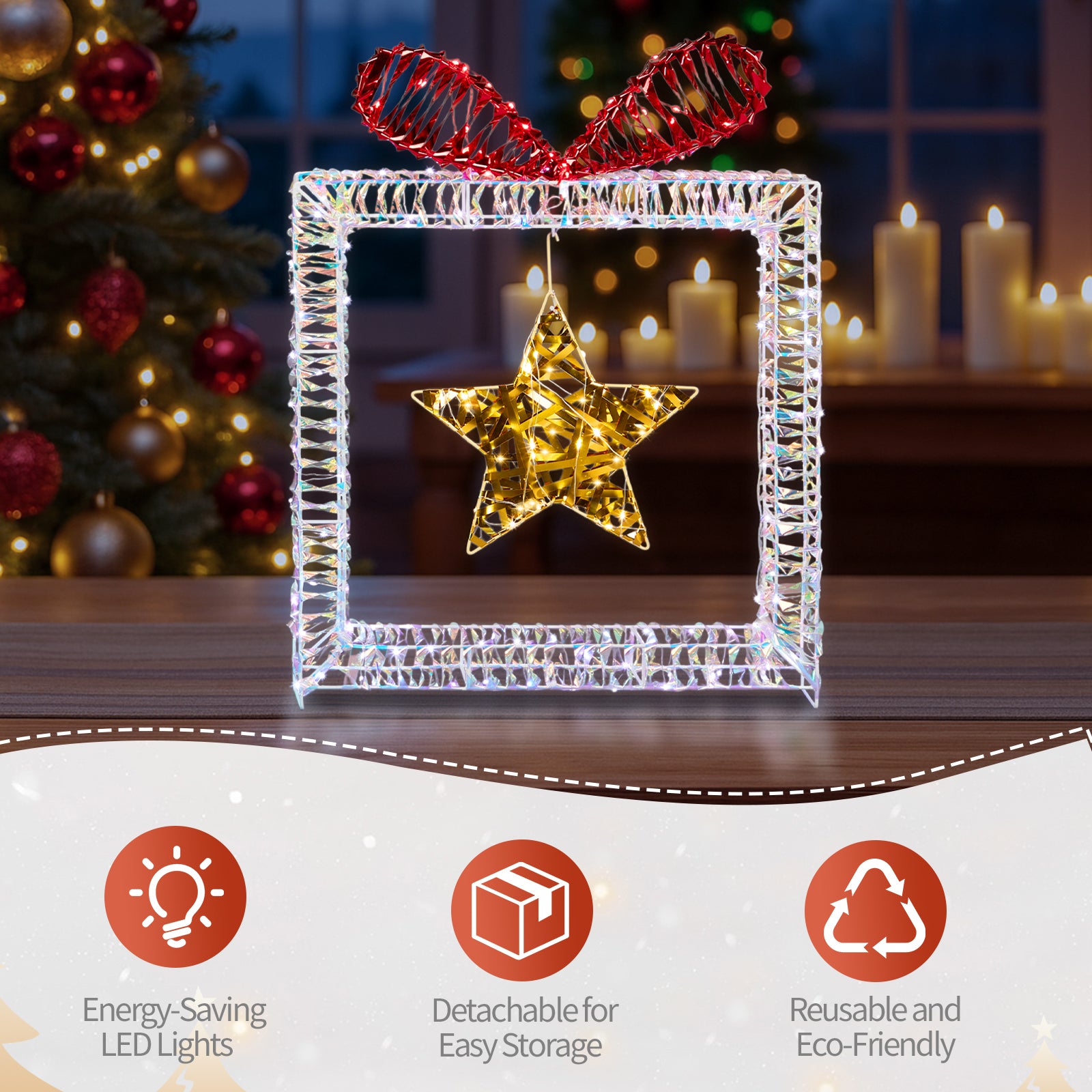 Set Of 3 Lighted Iridescent Cut-out Gift Box Christmas Decorations, Pre-lit Holiday Decor With 357 White LED Lights For Xmas Outdoor Indoor Decor Lighted Holiday Displays