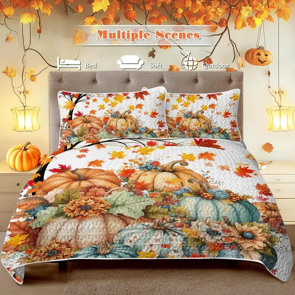 3PCS Colorful Oil Painting Pumpkin Pattern Quilt Set For All Seasons Flower Fall Leaves Bedding Set With 2 Pillowcases For Kids Adults Thanksgiving Day Gifts