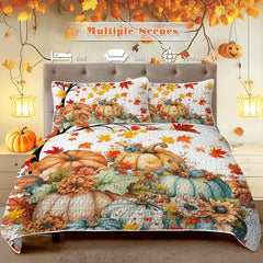3PCS Colorful Oil Painting Pumpkin Pattern Quilt Set For All Seasons Flower Fall Leaves Bedding Set With 2 Pillowcases For Kids Adults Thanksgiving Day Gifts