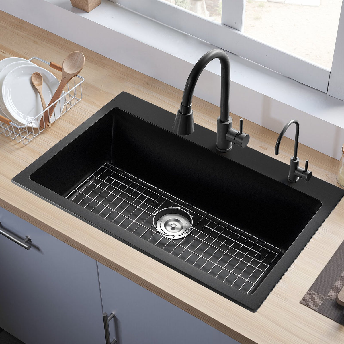 33 Inch Granite Kitchen Sink Top Mount Single Bowl Drop-In Basin For RV Bar