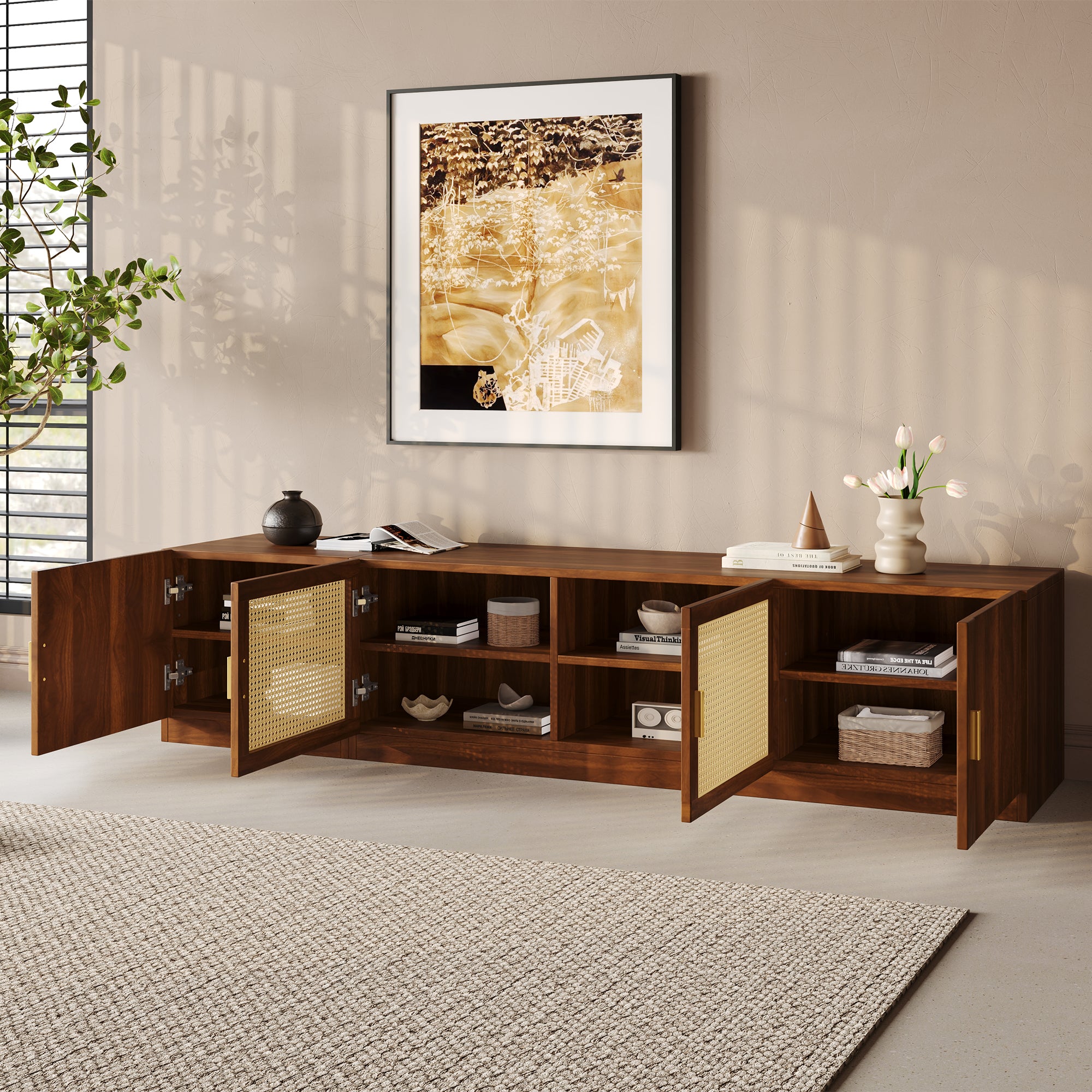 78 TV Stand For TVs Up To 85, TV Console For Living Room, Media Console With Rattan Doors, Adjustable Shelf TV Stand For Bedroom