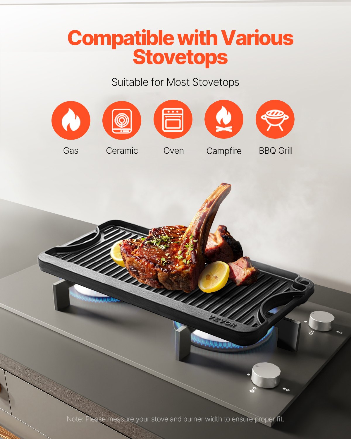 20x10in Reversible Grill Griddle Pre-Seasoned Rectangular BBQ Pan Cast Iron