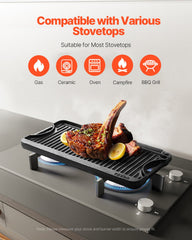 20x10in Reversible Grill Griddle Pre-Seasoned Rectangular BBQ Pan Cast Iron