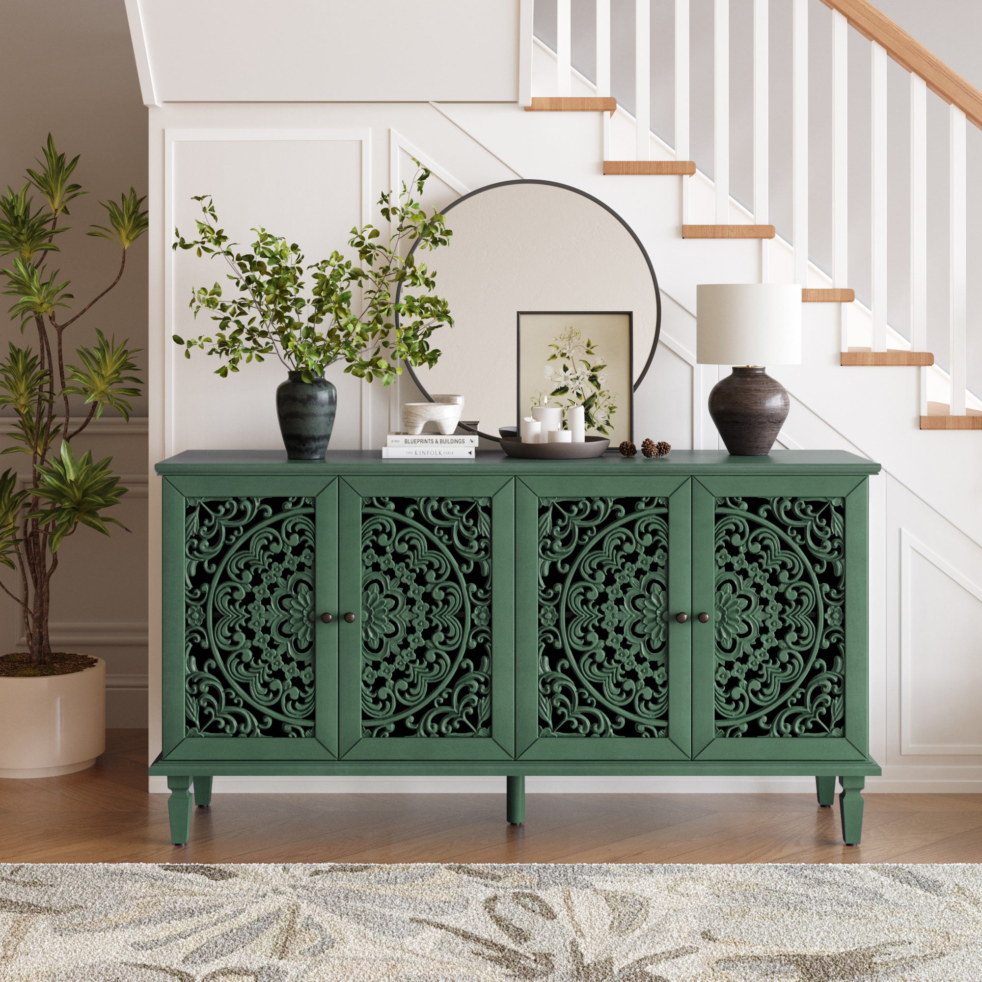 60 Antique Buffet Cabinet With Floral Carvings With Solid Wood Legs Antique Brass Handles Adjustable Shelves, TV Stand For 65  TV, Sideboard For Living Room,Dining Room Antique Green