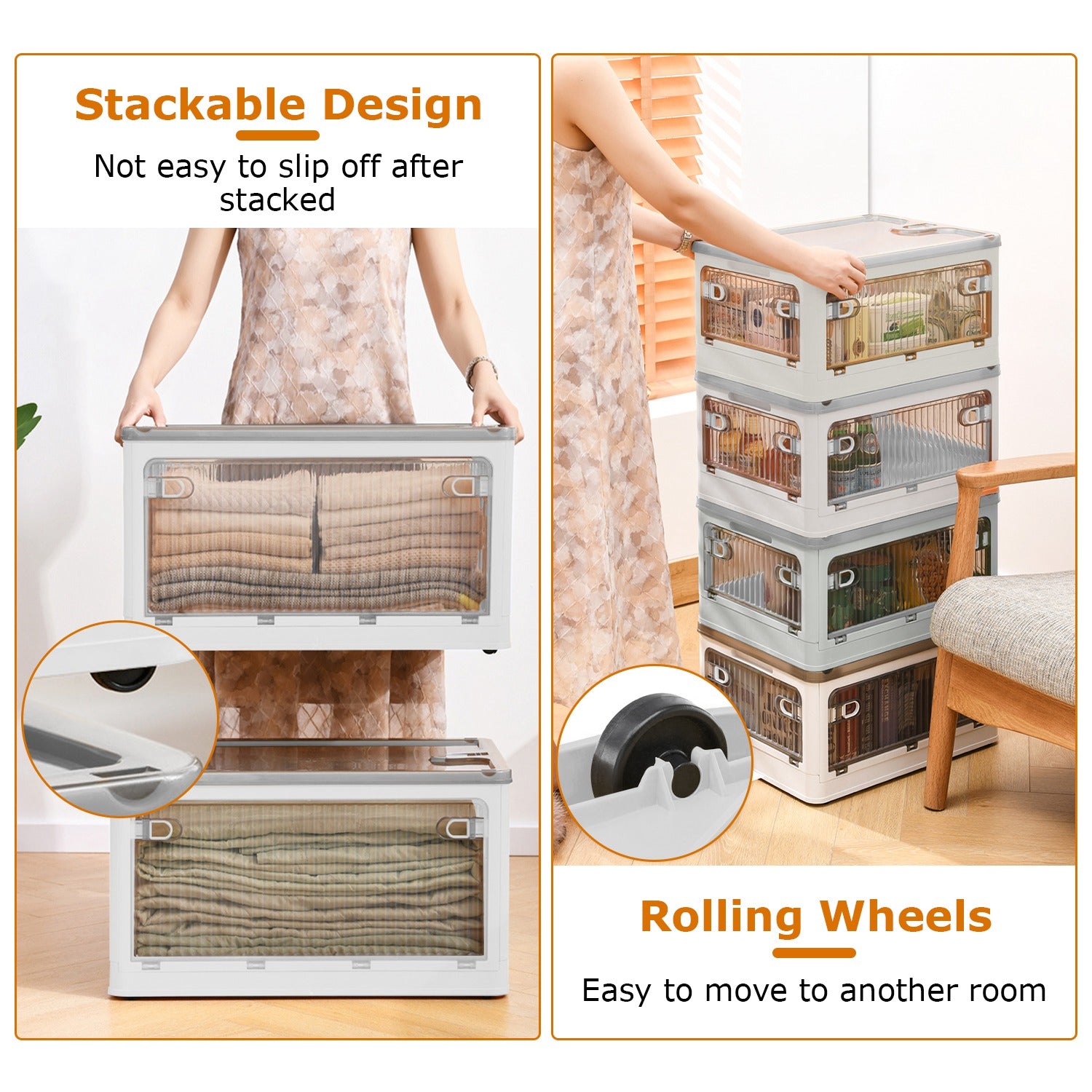 1Pc 70QT 66L Foldable Storage Bins With Lid 4 Doors Collapsible Stackable Closet Organizer Containers With Lock 4Pcs Wheels