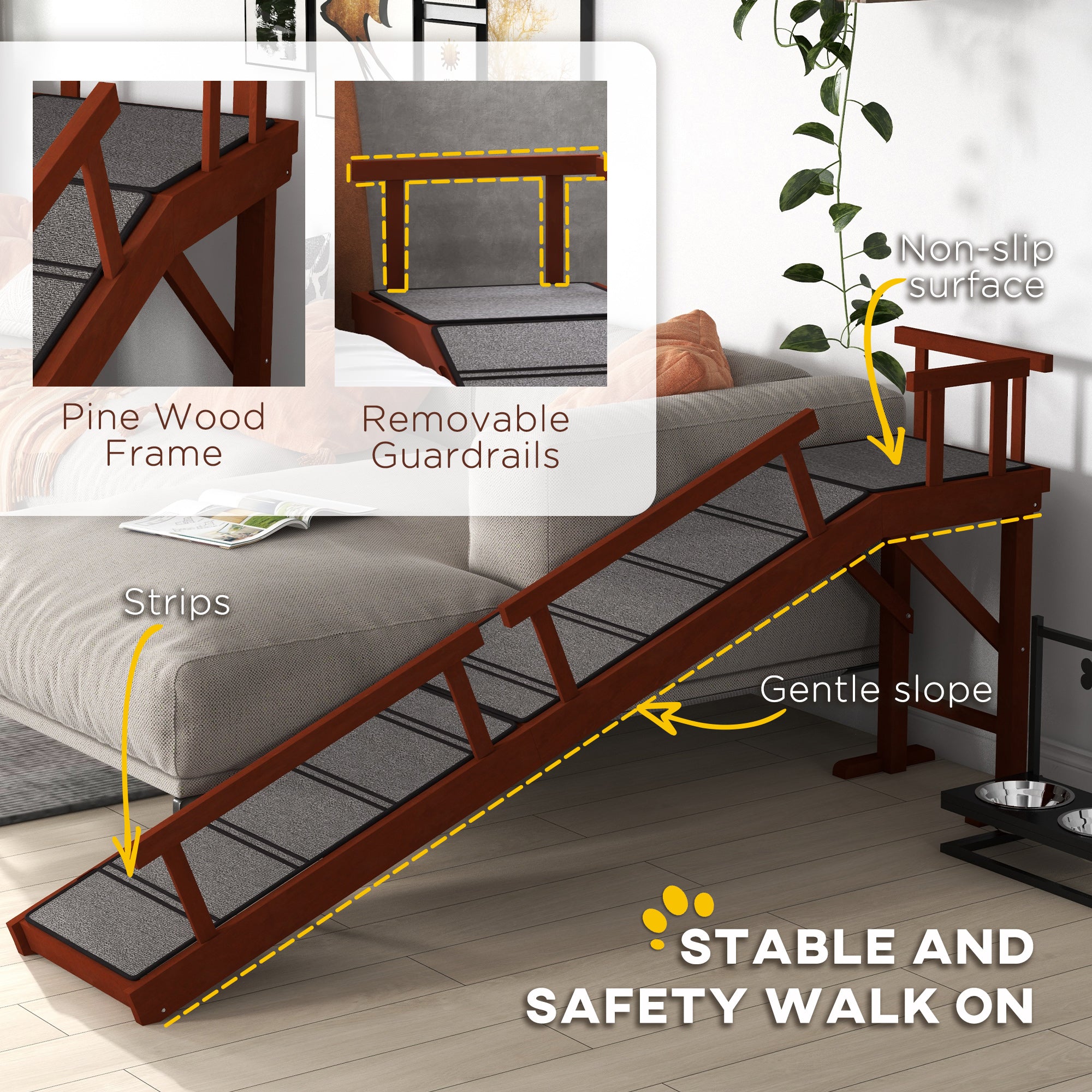 Wooden Dog Ramp with Removable Guardrails, Non-Slip Surface, 73" Long, Brown