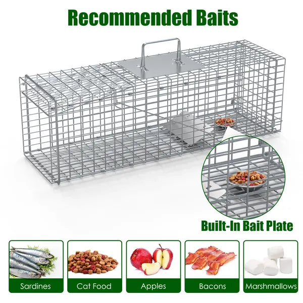 Live Animal Trap Cage 27x7.5x8in Folding Catch And Release Steel Humane Cat Trap For Racoons Stray Cats Rabbits Beavers Hedgehogs Chipmunk Small Animals